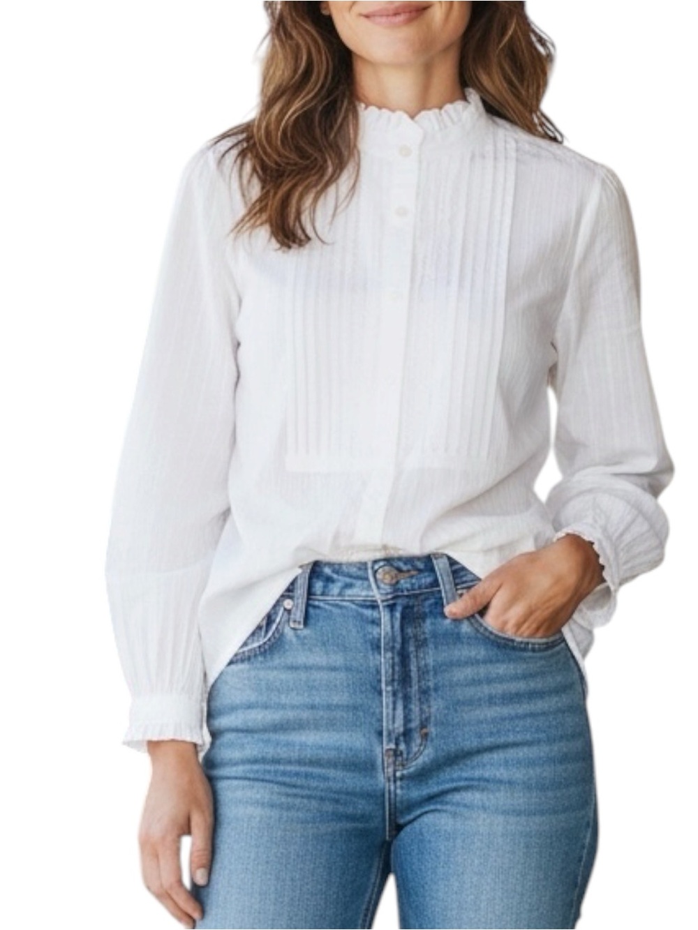 Ann Taylor LOFT LARGE White Pleated Front Ruffle Collar Textured Pinstripe Top
